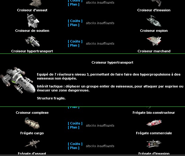 Interface du jeu de stratégie Empirium - construction de vaisseaux spatiaux