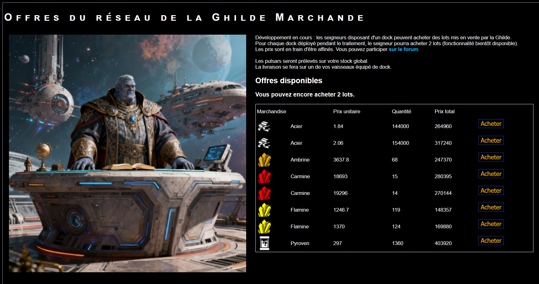 Jeu par navigateur Empirium - offres commerciales de la Ghilde Marchande