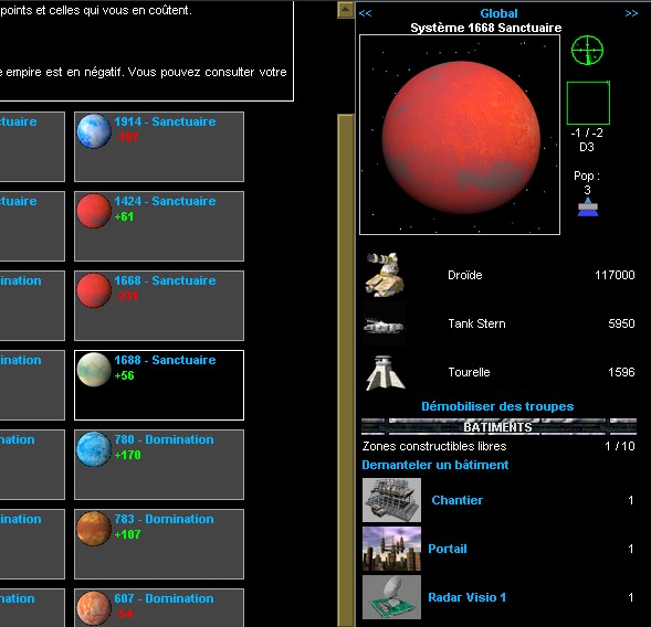 Interface du jeu de stratgie Empirium - panneau de gestion d'une plante